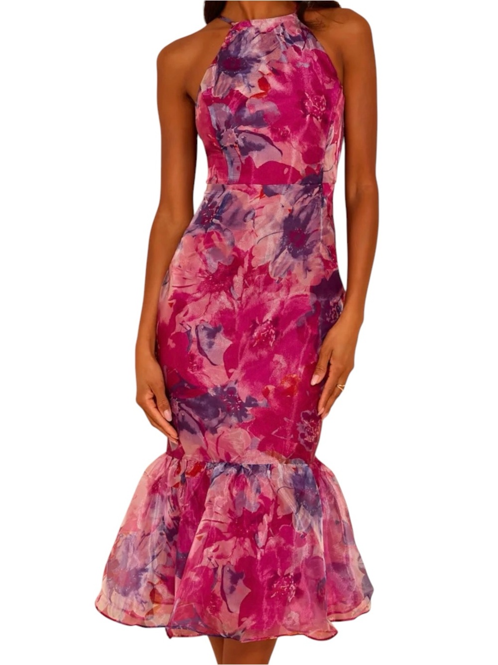 Lulus Admirable Essence Magenta Floral Organza Trumpet Midi Dress Pink Purple